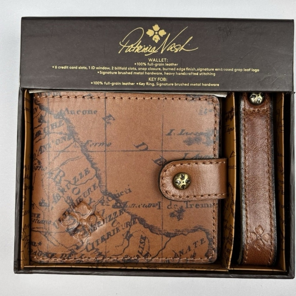 Patricia Nash Farnetta Leather RFID Wallet In Riot Rust and Key Fob Chain Set